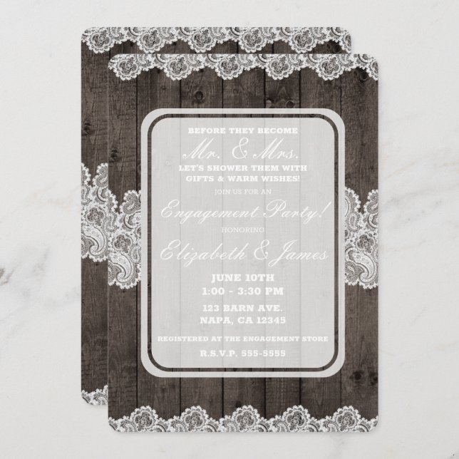 Invitación Rustic Dark Wood & Lace Elegant Engagement Party (Anverso / Reverso)