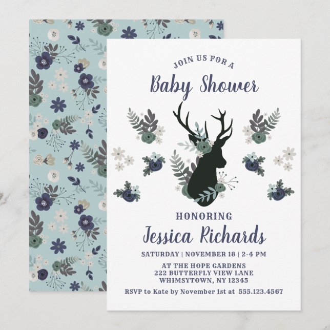 Invitación Rustic Deer Head Blue Floral Moderno Baby Shower (Anverso / Reverso)