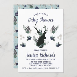 Invitación Rustic Deer Head Blue Floral Moderno Baby Shower