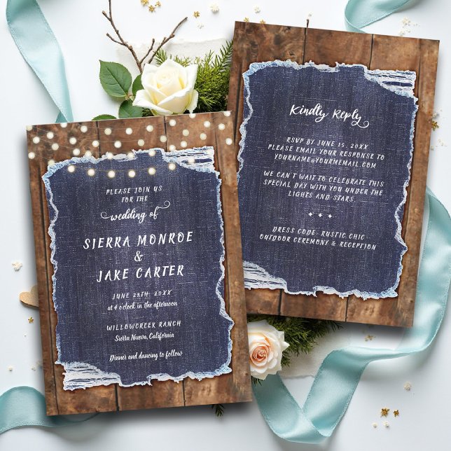 Invitación Rustic Denim Lights Country Cowboy RSVP Wedding (cowboy wedding invitation rsvp details country chic denim rustic barn lights backyard outdoors)