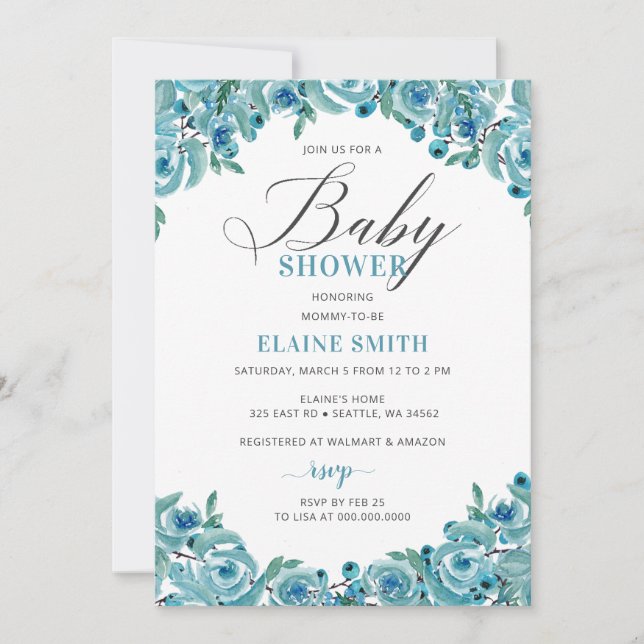 Invitación Rustic Dusty Blue Floral Boy Baby Shower (Anverso)