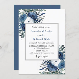 Invitación Rustic Dusty Blue Floral Eucalyptus Watercolor