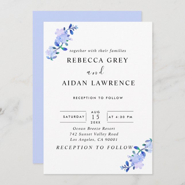 Invitación rustic dusty blue watercolor-style flower & leaves (Anverso / Reverso)