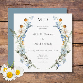Invitación Rustic Dusty Blue Wildflowers & Daisies Square