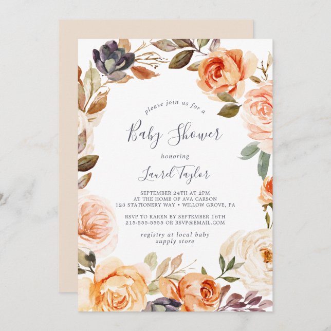 Invitación Rustic Earth Florals Baby Shower (Anverso / Reverso)