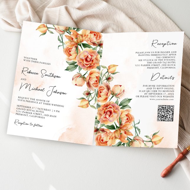 Invitación Rustic Earthy Peach Floral QR Code Wedding (Subido por el creador)