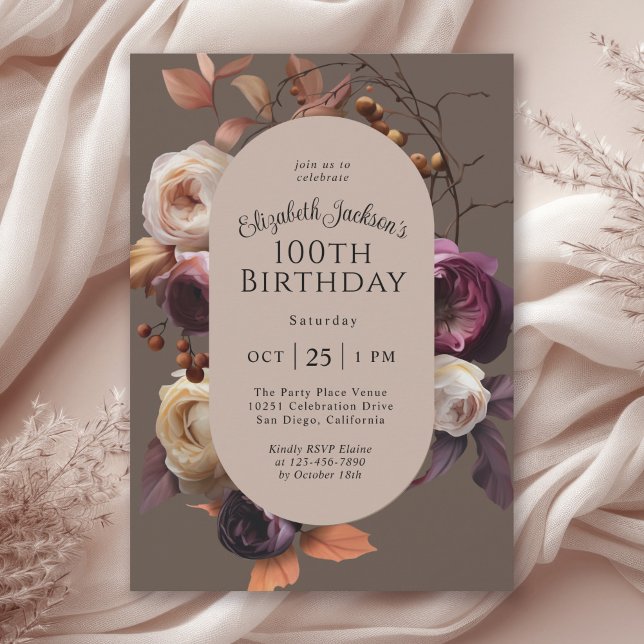 Invitación Rustic Elegant Fall Floral 100 cumpleaños (Available in both printed and instant download digital formats.)