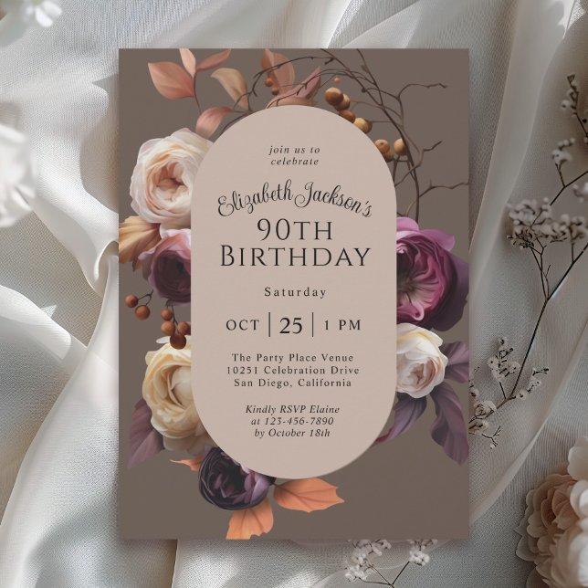 Invitación Rustic Elegant Fall Floral 90 cumpleaños (Available in both printed and instant download digital formats.)