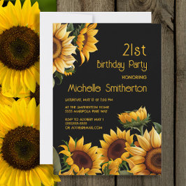 Invitación Rustic Elegant Sunflowers Black 21st Birthday