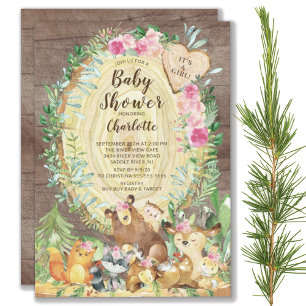 Invitación Rustic es un Chica Baby Shower de animales de Wood