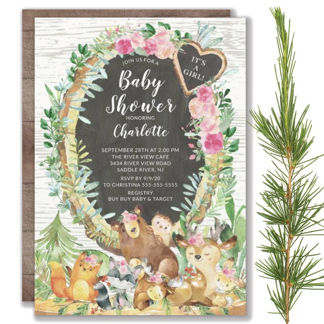 Invitación Rustic es un Chica Baby Shower de animales de Wood (Subido por el creador)