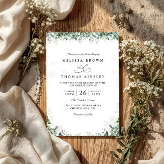 Invitación Rustic Eucalyptus Leaves Greenery QR Code Wedding
