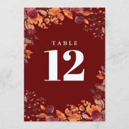 Invitación Rustic Fall Autumn Floral Burgundy Table Number