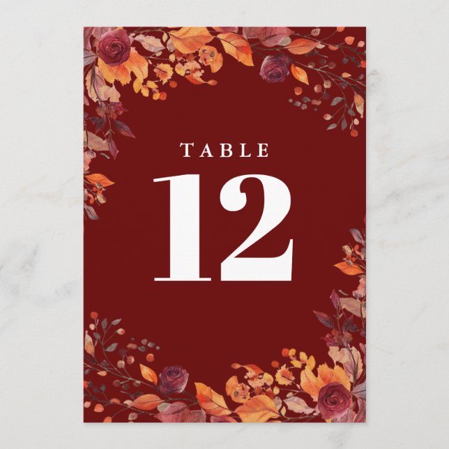 Invitación Rustic Fall Autumn Floral Burgundy Table Number (Anverso)