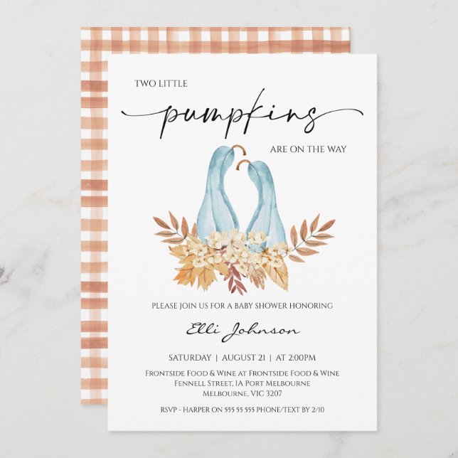 Invitación Rustic Fall Boy Twins Pumpkins Baby Shower (Anverso / Reverso)