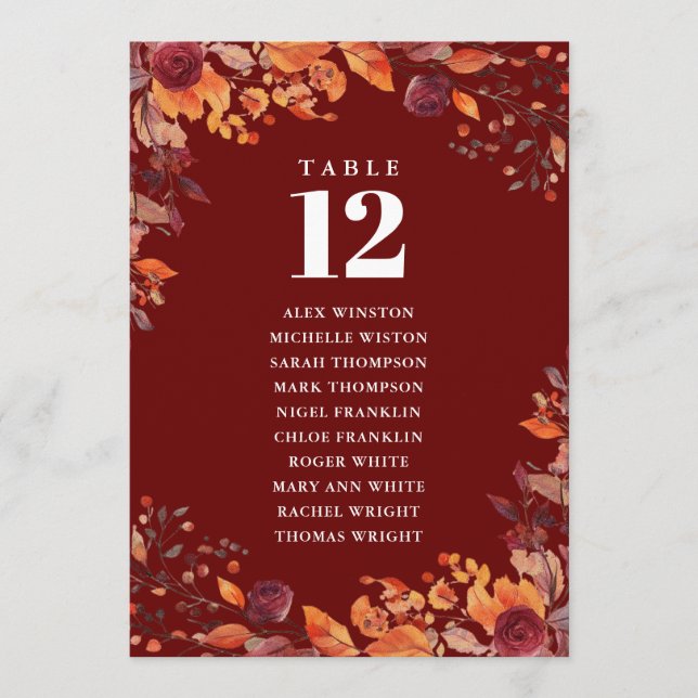 Invitación Rustic Fall Floral Table Number Seating Chart (Anverso)