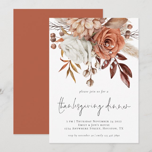 Invitación Rustic Fall Florals Terracotta Cream Acción de Gra (Anverso / Reverso)