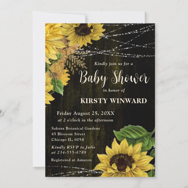 Invitación Rustic Fall Sunflowers Wood Lights Baby Shower (Anverso)