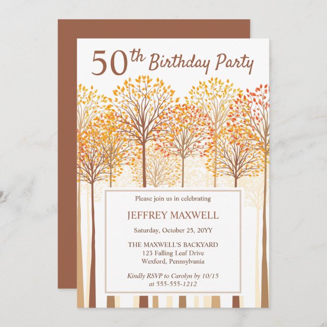 Invitación Rustic Fall Trees Terracotta 50 cumpleaños (Anverso / Reverso)