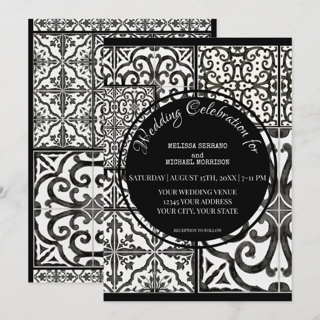 Invitación Rustic Farmhouse Boda blanco negro de mosaico mode (Anverso / Reverso)