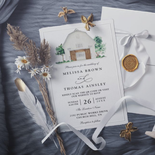 Invitación Rustic Farmhouse Elegant Barn QR Code Wedding (Subido por el creador)