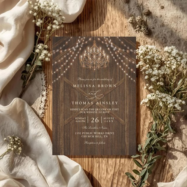 Invitación Rustic Farmhouse Lights Vintage QR Code Wedding (Subido por el creador)