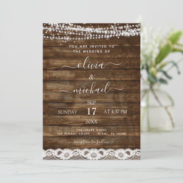 Invitación Rustic Farmhouse String Lights Lace Boda (Anverso de pie)