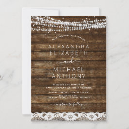 Invitación Rustic Farmhouse String Lights Lace Wood Boda