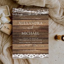 Invitación Rustic Farmhouse String Lights Lace Wood Boda