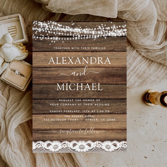 Invitación Rustic Farmhouse String Lights Lace Wood Boda (Subido por el creador)