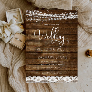 Invitación Rustic Farmhouse String Lights Lace Wood Boda