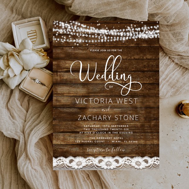 Invitación Rustic Farmhouse String Lights Lace Wood Boda (Subido por el creador)