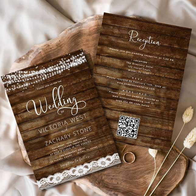 Invitación Rustic Farmhouse String Lights QR Code Boda (Subido por el creador)