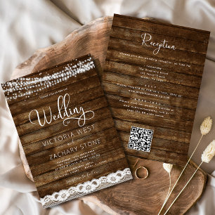 Invitación Rustic Farmhouse String Lights QR Code Boda