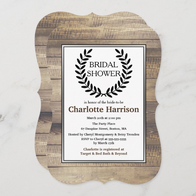Invitación Rustic Farmhouse Wood Black Laurels Bridal Shower (Anverso / Reverso)