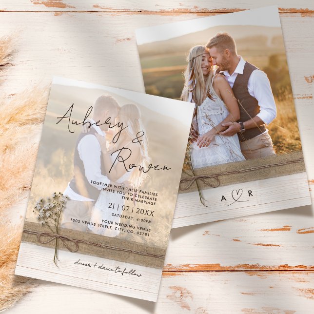 Invitación Rustic Faux Burlap Flower Boho Boda de fotografía (Subido por el creador)