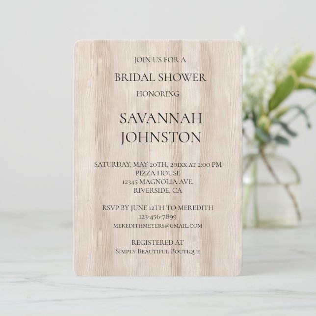 Invitación Rustic Faux Cream White Wood Bridal Shower (Anverso de pie)