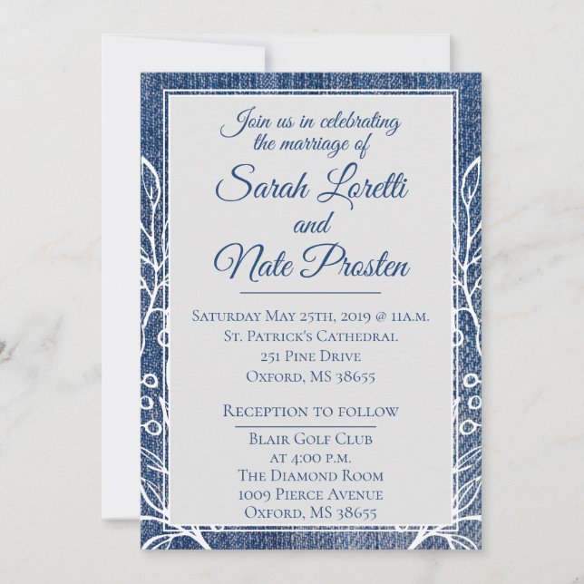 Invitación Rustic Faux Jean con Laurel Boda (Anverso)