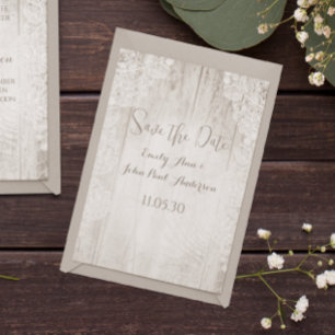 Invitación Rustic Faux Lace Barn Wood Wedding Save the Date