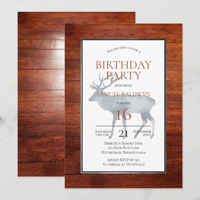 Invitación Rustic Faux Wood Antlered Deer Birday Party (Anverso / Reverso)