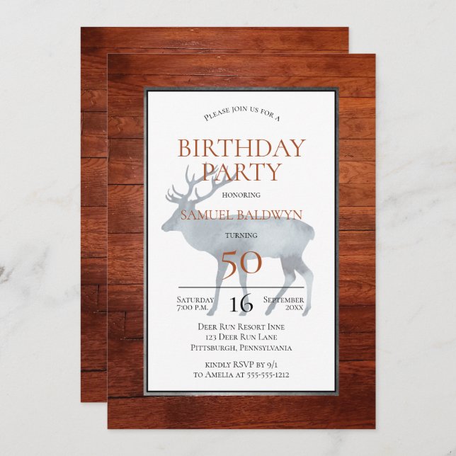 Invitación Rustic Faux Wood Antlered Deer Birday Party (Anverso / Reverso)