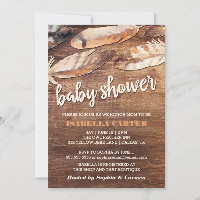 Invitación Rustic Feathers Baby Shower (Anverso)