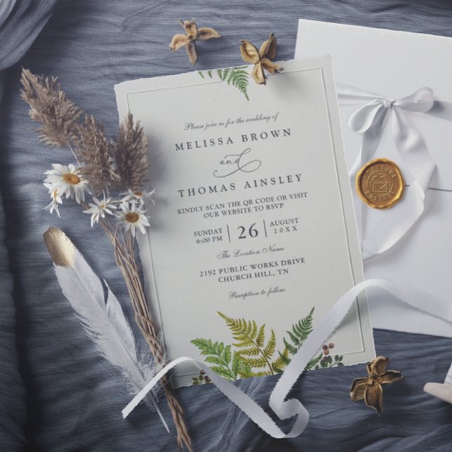 Invitación Rustic Fern Forest Greenery Modern QR Code Wedding (Subido por el creador)