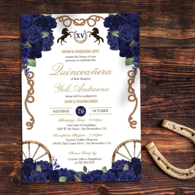 Invitación Rustic floral azul de la marina Charra Quinceanera (Subido por el creador)