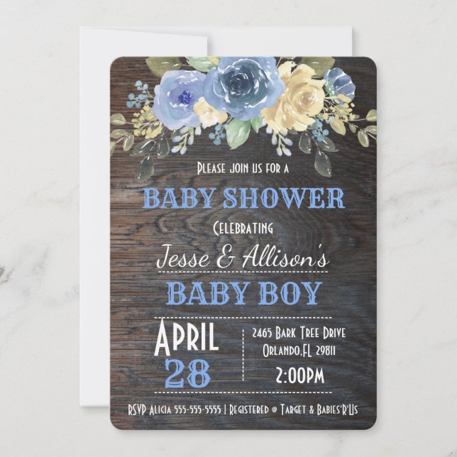 Invitación Rustic Floral Baby Boy Baby Shower (Anverso)