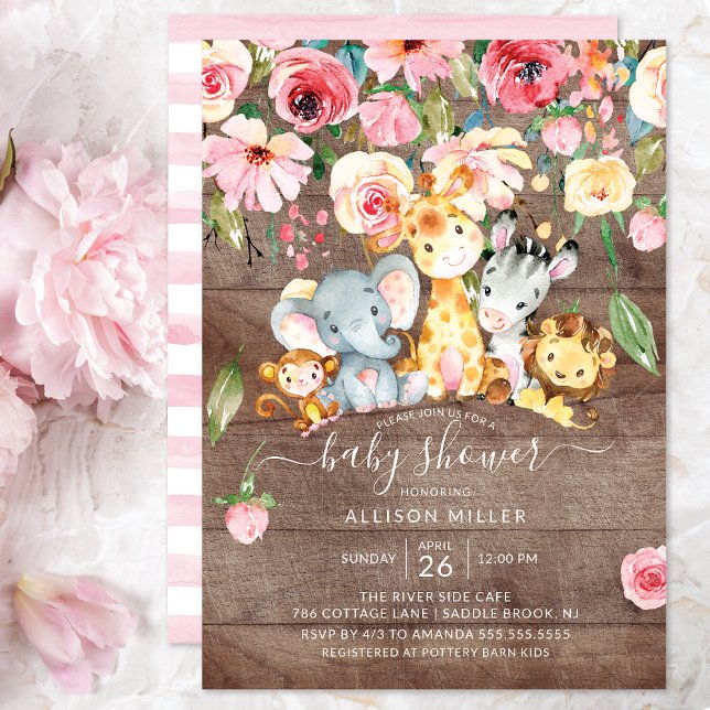 Invitación Rustic Floral Girls Safari Animals Baby Shower (Subido por el creador)