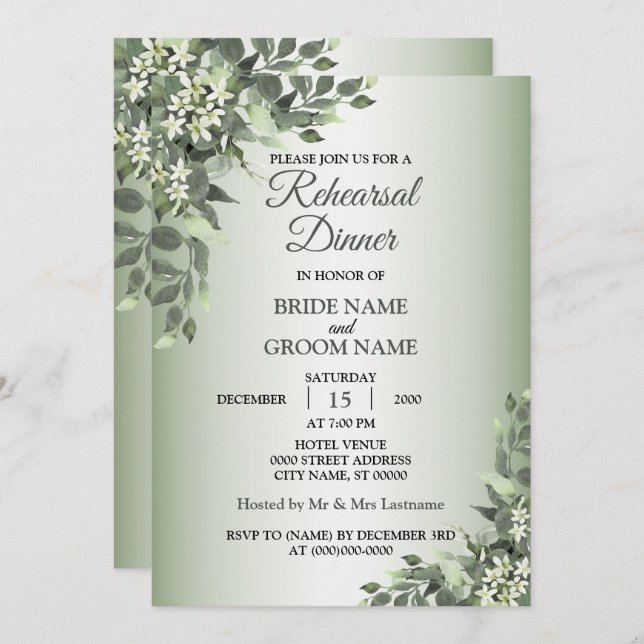 Invitación Rustic Floral Greenery Leaves Rehearsal Dinner (Anverso / Reverso)