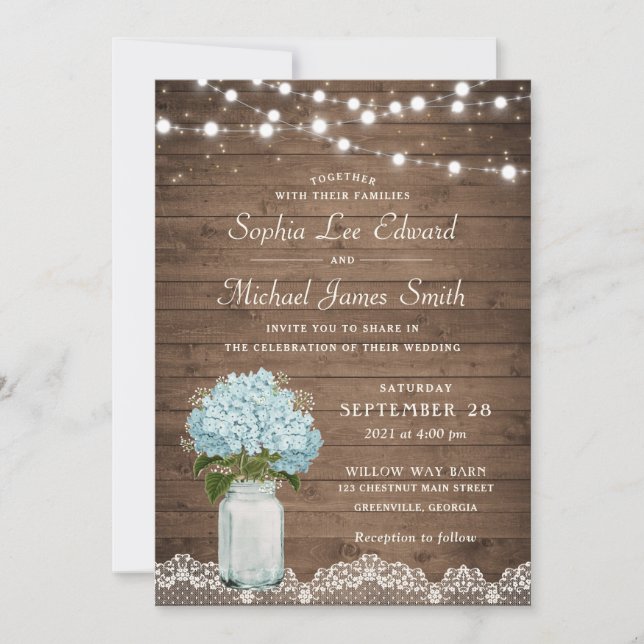 Invitación Rustic Floral Hydrangea Mason Jar String Luces (Anverso)