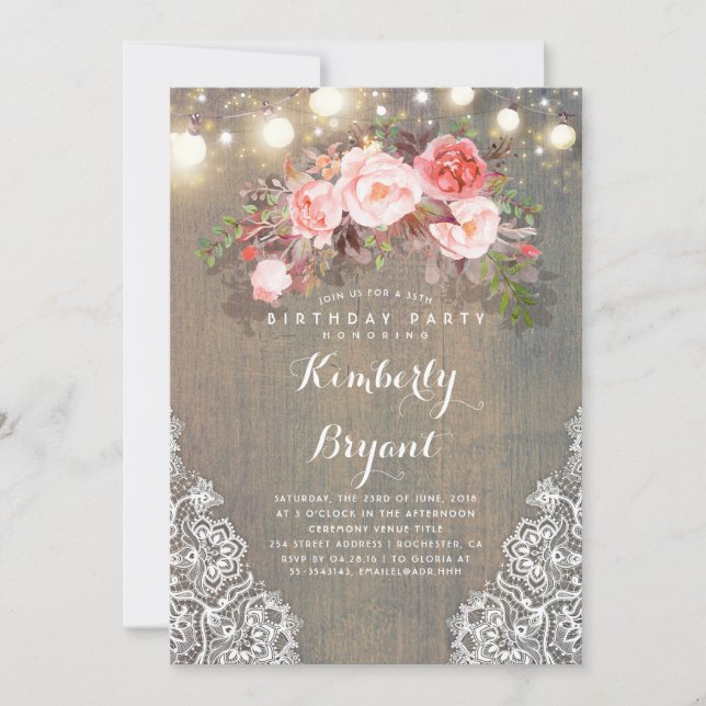 Invitación Rustic Floral Lace Ilumina Fiesta de cumpleaños de (Anverso)