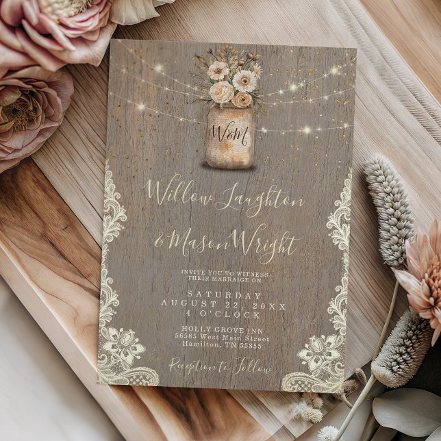 Invitación Rustic Floral Mason Jar String Lights Wood Wedding (Rustic Floral Mason Jar String Lights Wood Wedding Invitation)